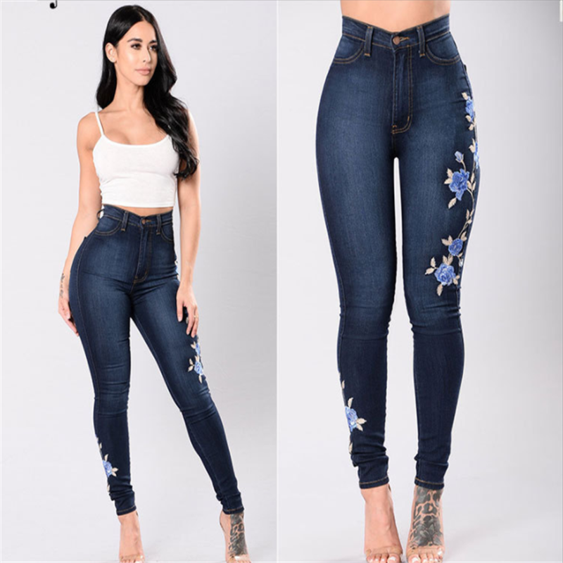Spring Big Size Hot Selling European and American Embroidered Jeans Dark Casual Pencil Pants Small Leg Pants Mid Waist Pants